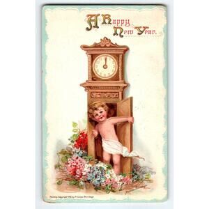 New Year Postcard Frances Brundage Baby Inside Grandfather Clock Gabriel 1912